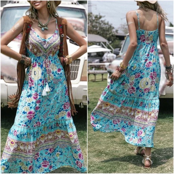 Boho Mint Blue  Floral Print Cami Maxi Dress - Picture 2 of 4